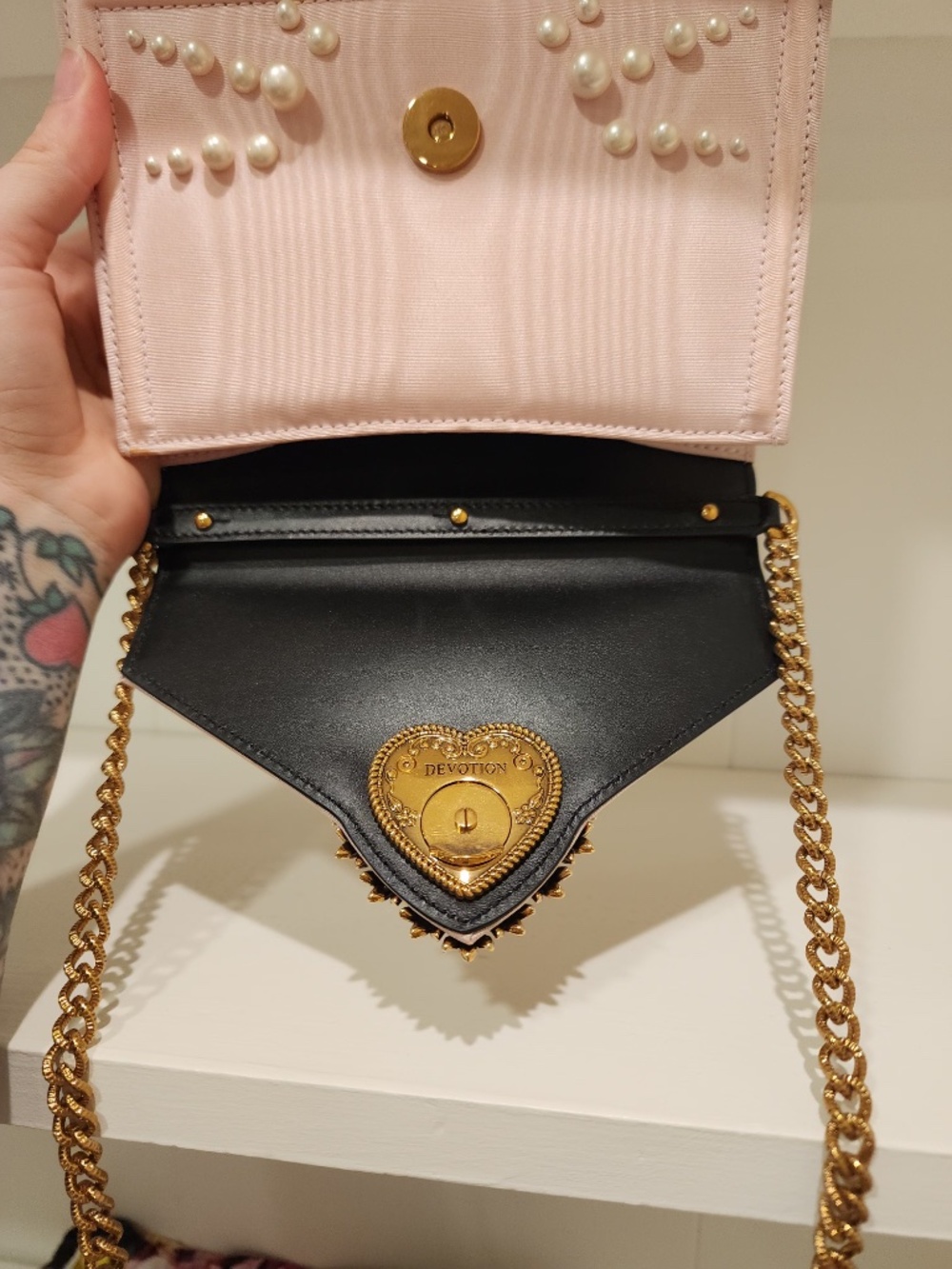 D&G Small Baby Pink Moiré Top Handle Devotion Bag with Pearl Embroidery - Picture 3 of 6